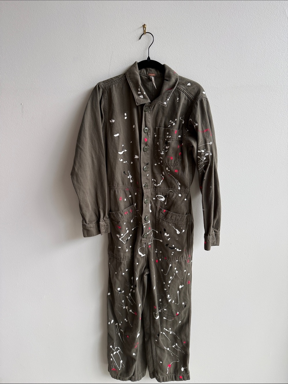 Free People Olive Green Painter-Style Jumpsuit with White & Pink Splatter
